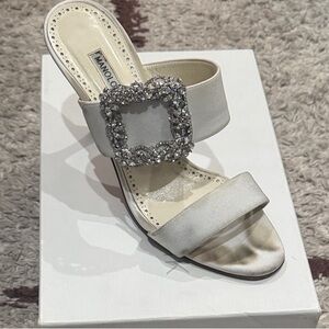 Manolo Blahnik Gable Jewel crêpe de chine mules Ivory Heels with Crystal Buckle